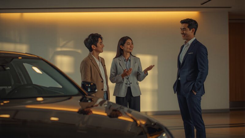 カーリースの車の前でポーズをとる日本人